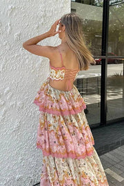 Cute A-Line Spaghetti Straps Tiered Floral Party Prom Dress