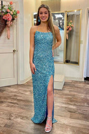 Fully Sequins Bateau Lace Up Mermaid Party Prom Dress