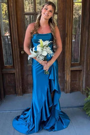 Simple Satin Empire Strapless Long Party Prom Dress With Ruffle Slit