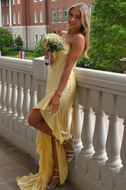 Simple Satin Empire Strapless Long Party Prom Dress With Ruffle Slit