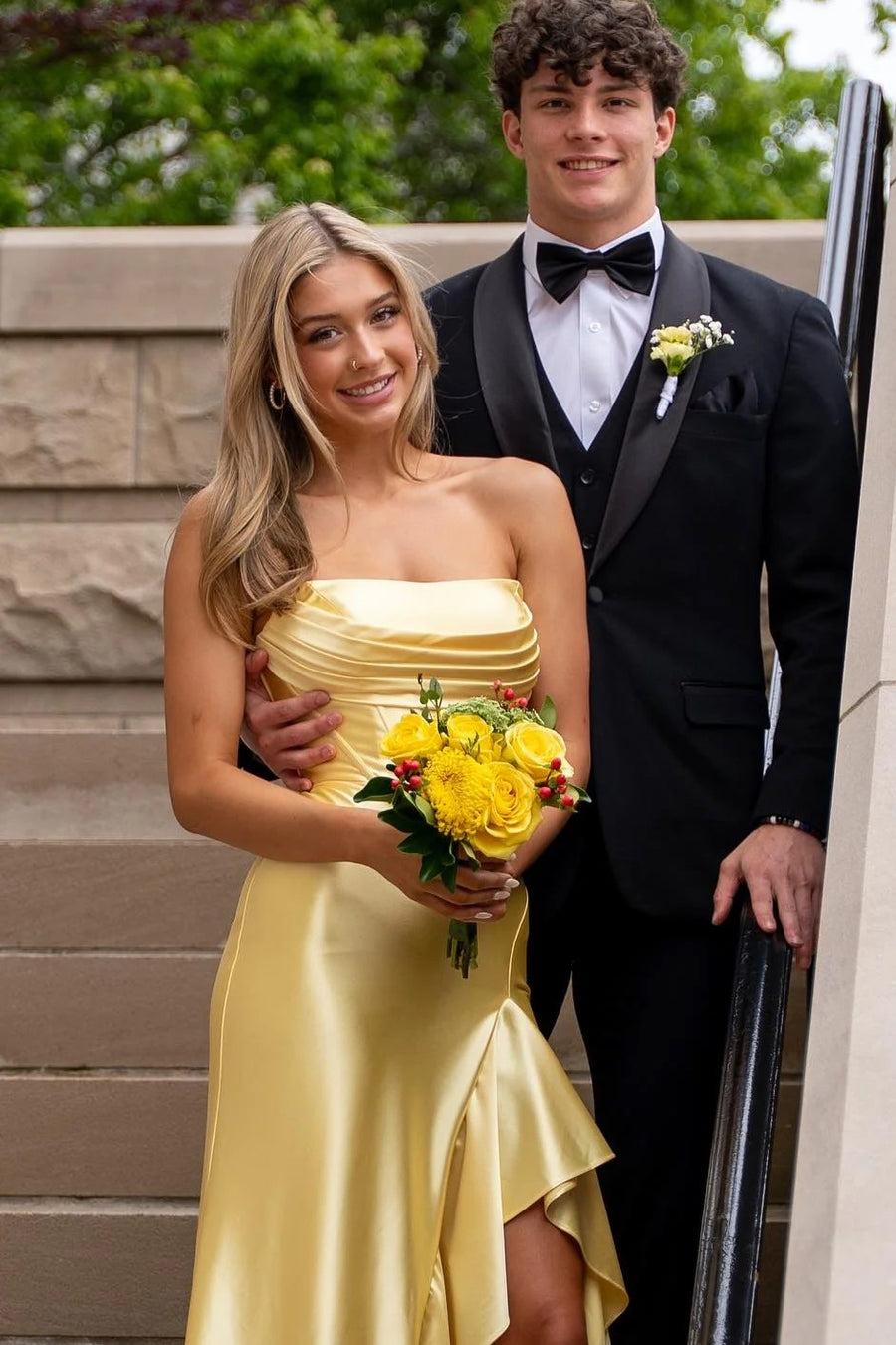Simple Satin Empire Strapless Long Party Prom Dress With Ruffle Slit