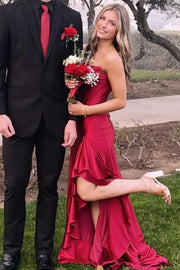 Simple Satin Empire Strapless Long Party Prom Dress With Ruffle Slit