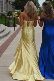 Simple Satin Empire Strapless Long Party Prom Dress With Ruffle Slit
