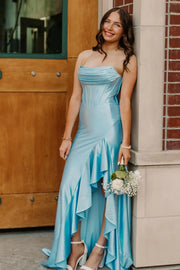 Simple Satin Empire Strapless Long Party Prom Dress With Ruffle Slit