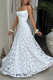 Square Spaghetti Straps Lace Up A-Line Lace Party Prom Dress