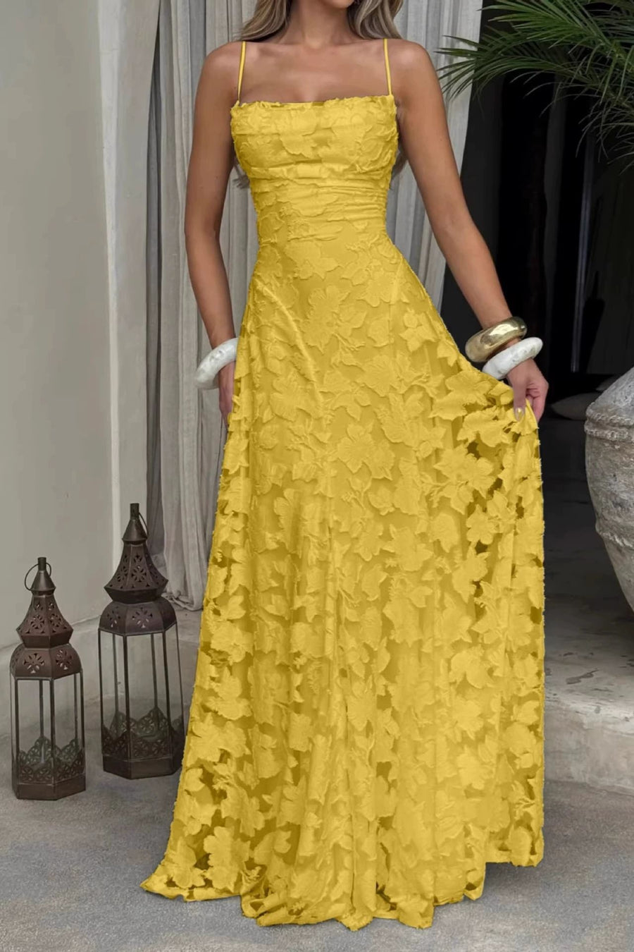 Square Spaghetti Straps Lace Up A-Line Lace Party Prom Dress