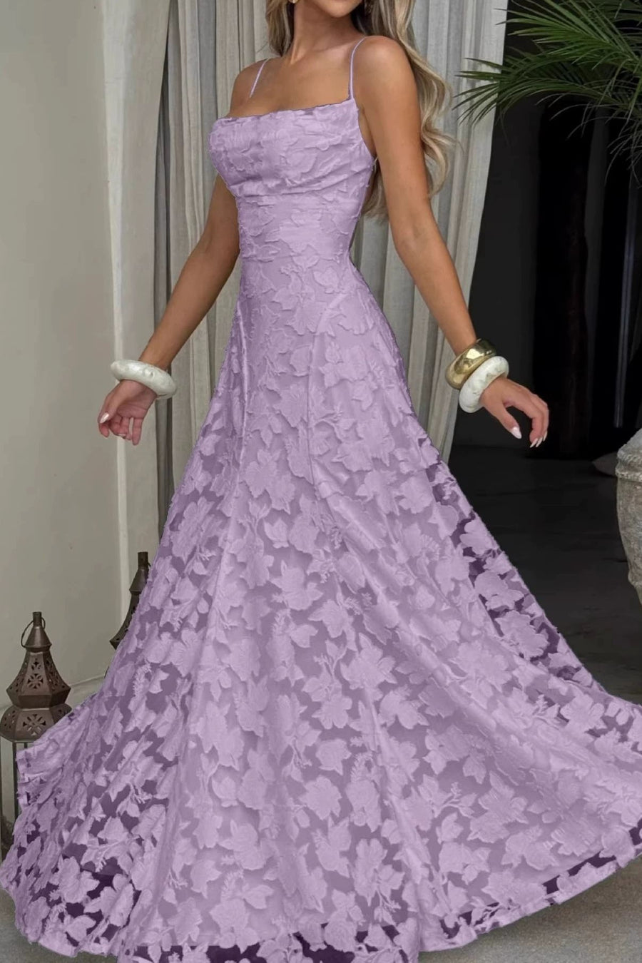 Square Spaghetti Straps Lace Up A-Line Lace Party Prom Dress
