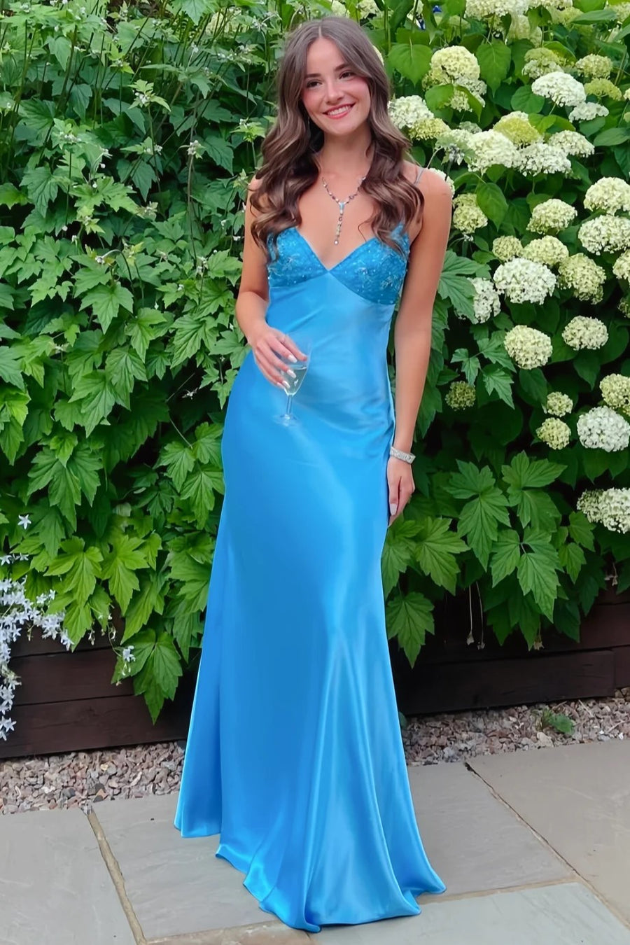 V-Neck Sleeveless Lace Top Floor-Length Party Prom Dress