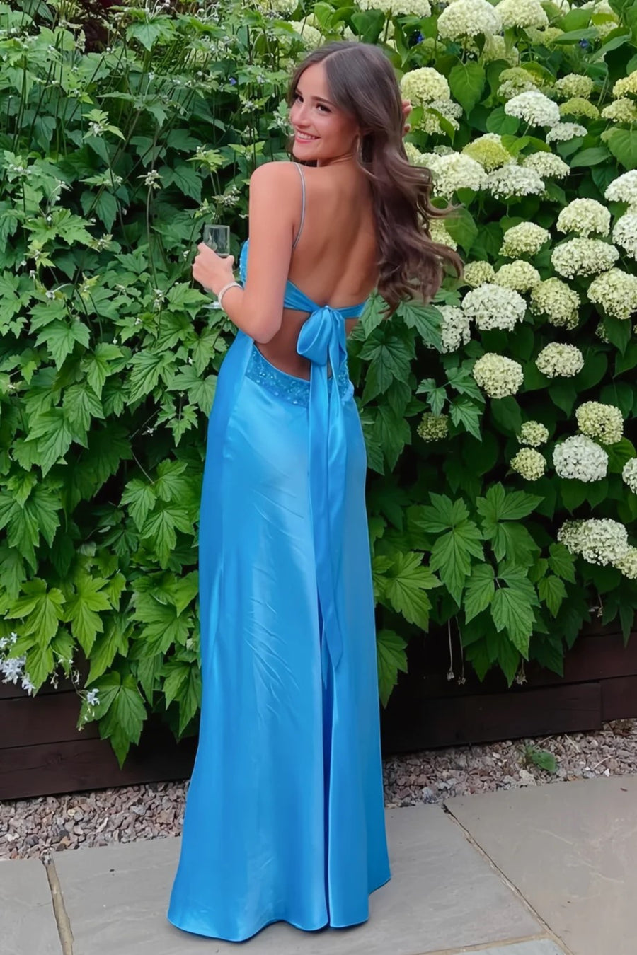 V-Neck Sleeveless Lace Top Floor-Length Party Prom Dress