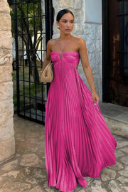 Halter Sleeveless Pleated Satin A-Line Party Prom Dress