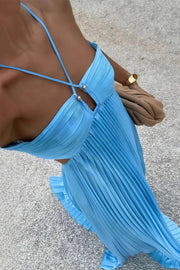Halter Sleeveless Pleated Satin A-Line Party Prom Dress