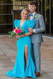Black Satin V-Neck Short Sleeves Party Prom Dress With Leg Slit