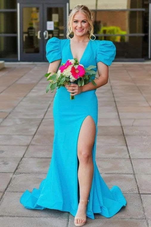Black Satin V-Neck Short Sleeves Party Prom Dress With Leg Slit