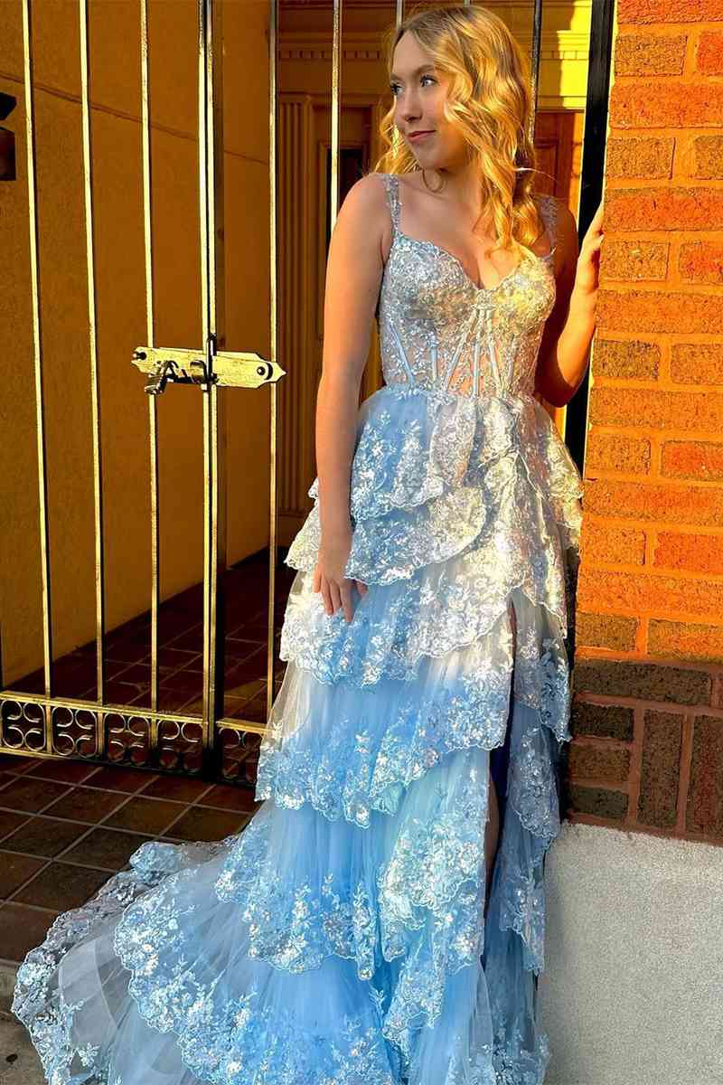 Off the Shoulder Sequin Applique Ruffle Prom Dress with Slit