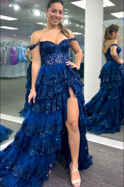 Off the Shoulder Sequin Applique Ruffle Prom Dress with Slit