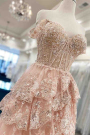 Off the Shoulder Sequin Applique Ruffle Prom Dress with Slit