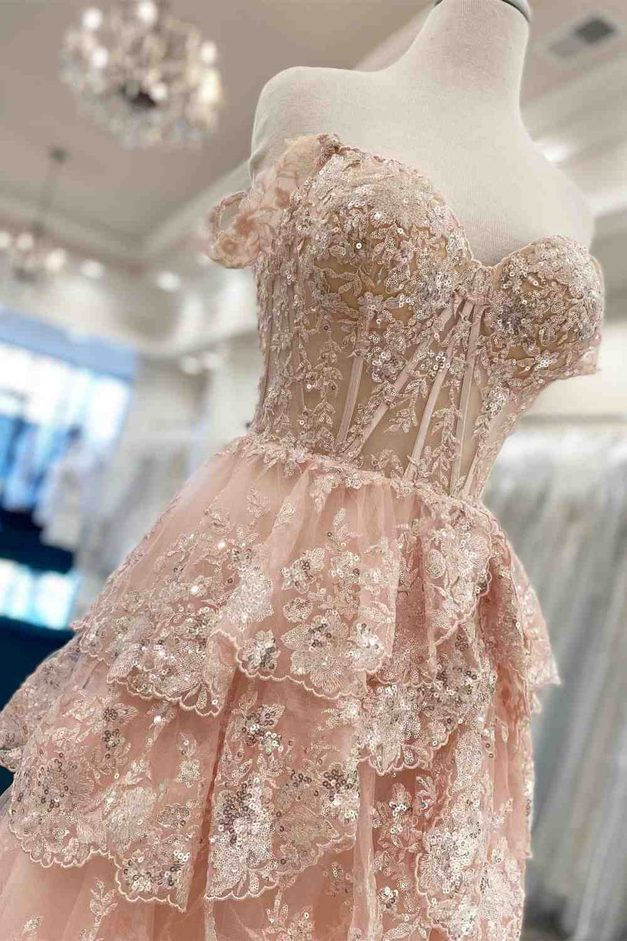 Off the Shoulder Sequin Applique Ruffle Prom Dress with Slit