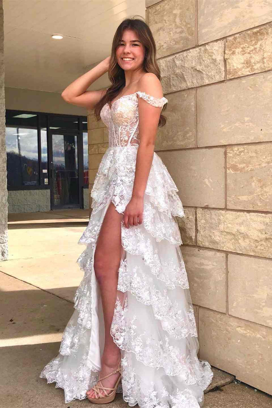 Off the Shoulder Sequin Applique Ruffle Prom Dress with Slit