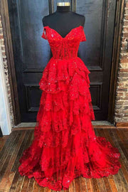 Off the Shoulder Sequin Applique Ruffle Prom Dress with Slit