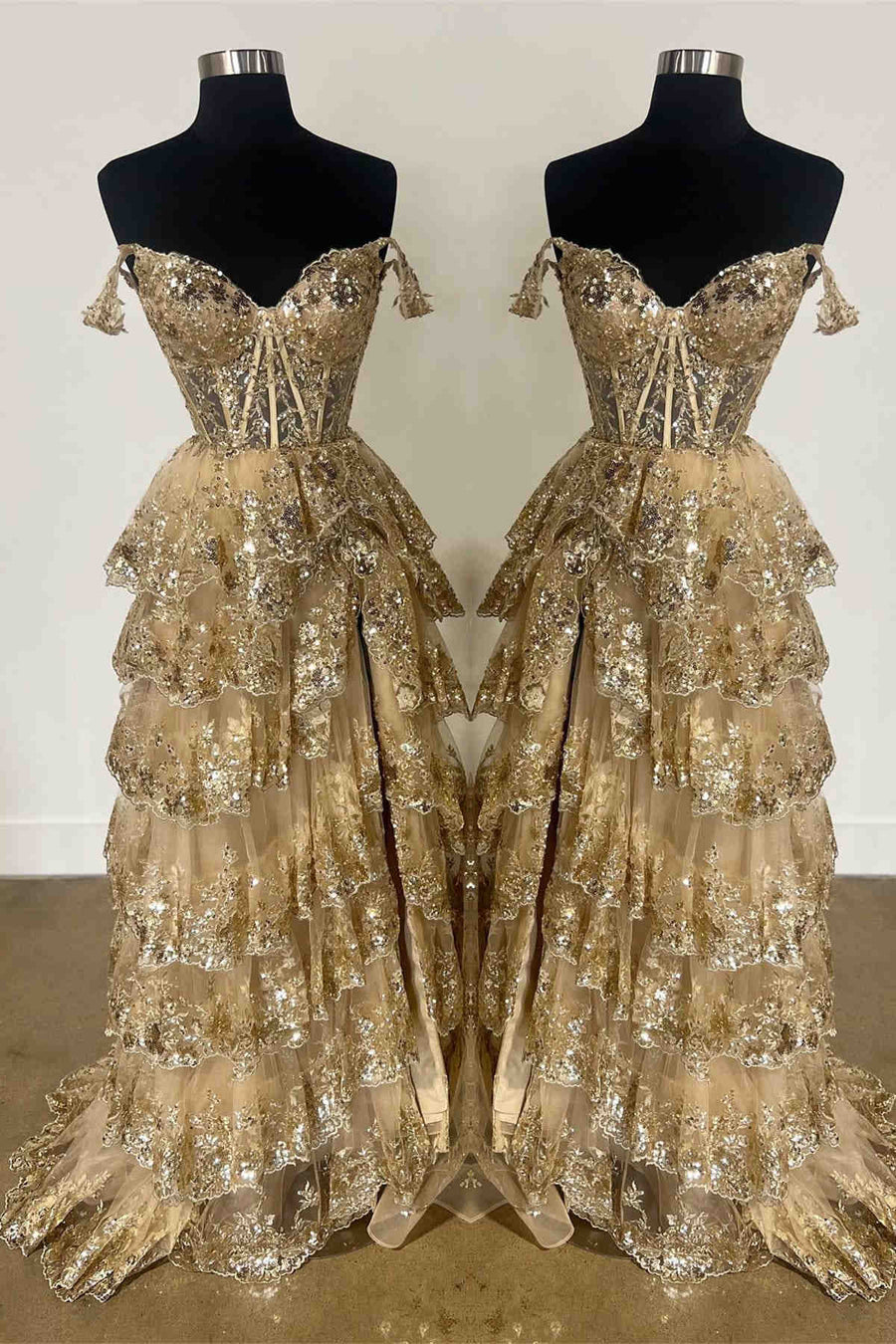 Off the Shoulder Sequin Applique Ruffle Prom Dress with Slit