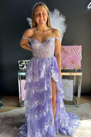 Off the Shoulder Sequin Applique Ruffle Prom Dress with Slit