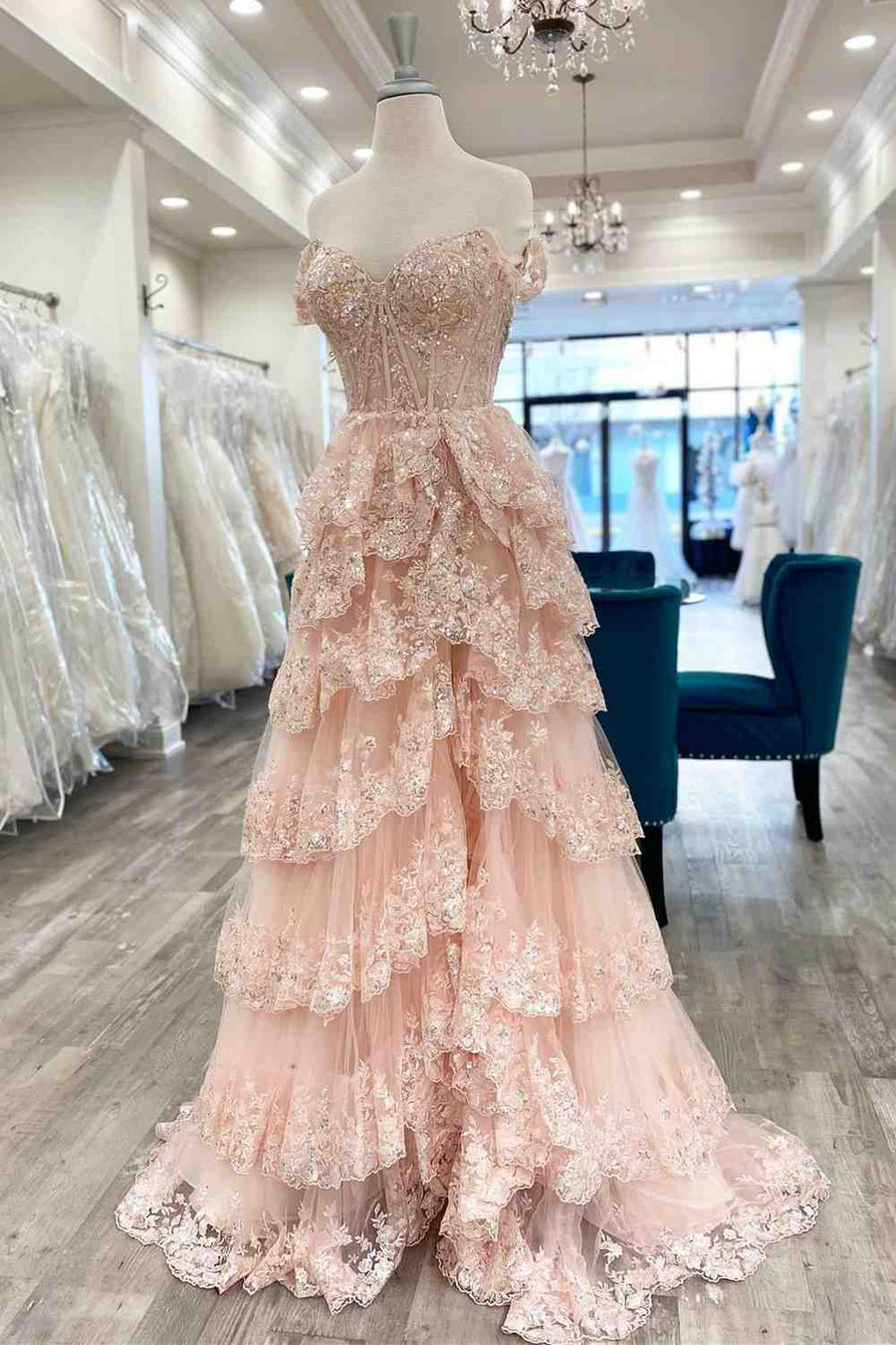 Off the Shoulder Sequin Applique Ruffle Prom Dress with Slit