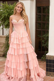 Strapless Applique Corset Ruffle Prom Dress with Slit