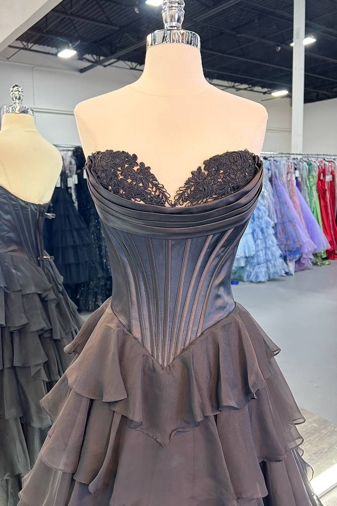 Strapless Applique Corset Ruffle Prom Dress with Slit