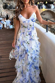 Straps V-Neck Floral Print Layered Ruffle Prom Dress