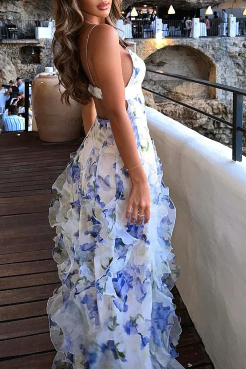 Straps V-Neck Floral Print Layered Ruffle Prom Dress