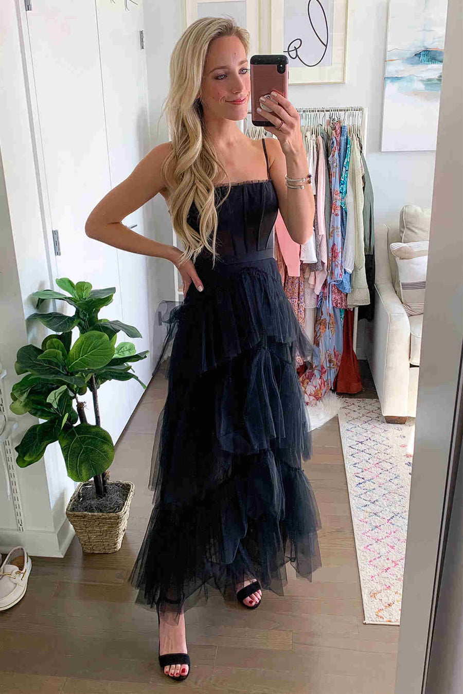 Straps Tulle A-Line Sheer Empire Tiered Prom Party Dress