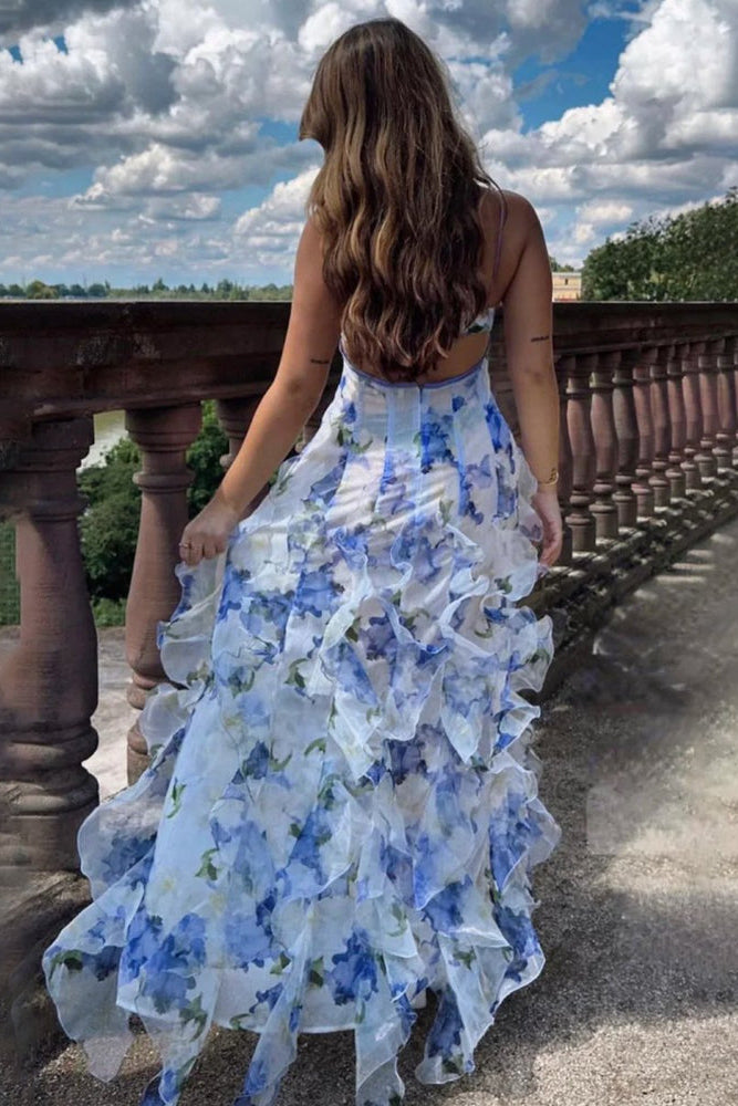 Straps V-Neck Floral Print Layered Ruffle Prom Dress