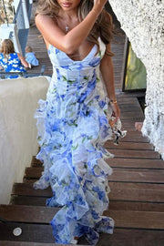 Straps V-Neck Floral Print Layered Ruffle Prom Dress