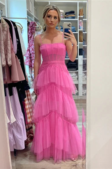 Spaghetti Straps Tulle A-Line Tiered Sheer Party Prom Dress