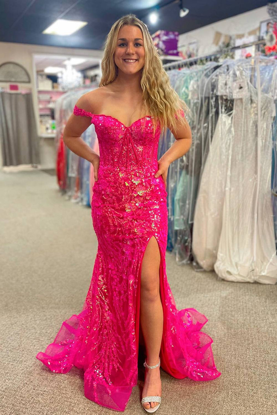 Gold Off-Shoulder Sequined Floral Mermaid Long Prom Dress with Slit