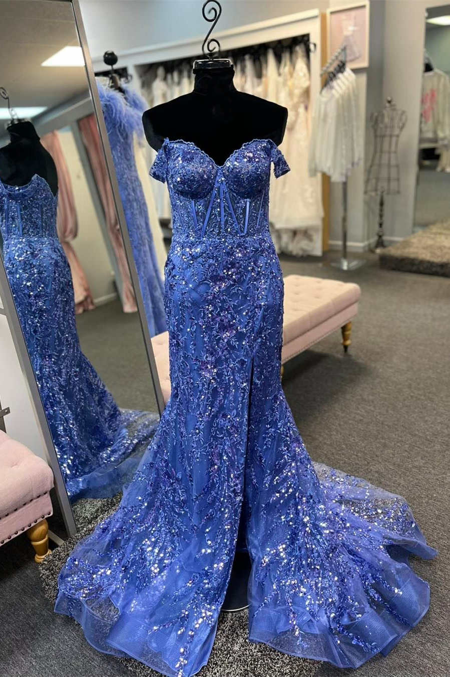 Gold Off-Shoulder Sequined Floral Mermaid Long Prom Dress with Slit