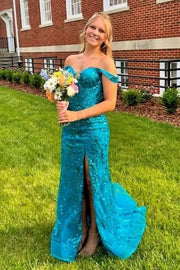 Gold Off-Shoulder Sequined Floral Mermaid Long Prom Dress with Slit