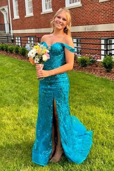Gold Off-Shoulder Sequined Floral Mermaid Long Prom Dress with Slit