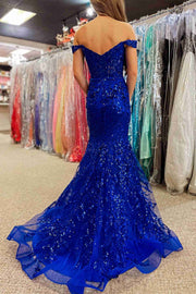 Gold Off-Shoulder Sequined Floral Mermaid Long Prom Dress with Slit