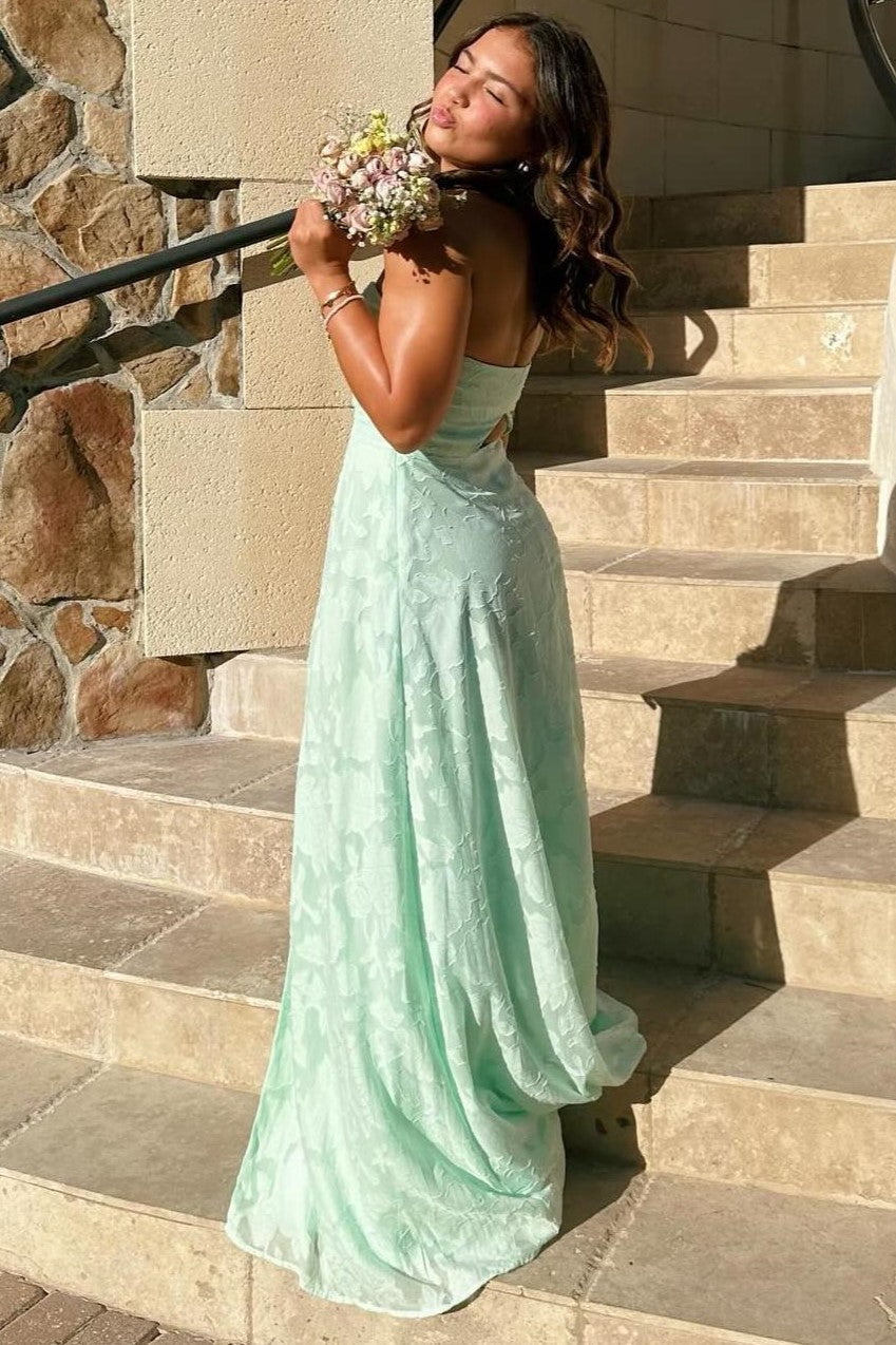 Elegant Mint Green Strapless Lace Prom Dress with Slit