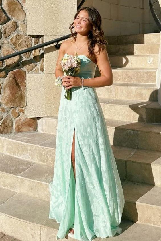 Elegant Mint Green Strapless Lace Prom Dress with Slit