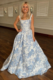 Romantic Straps Pink Jacquard A-Line Long Prom Dress