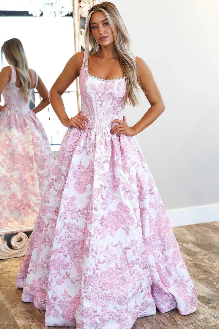 Romantic Straps Pink Jacquard A-Line Long Prom Dress