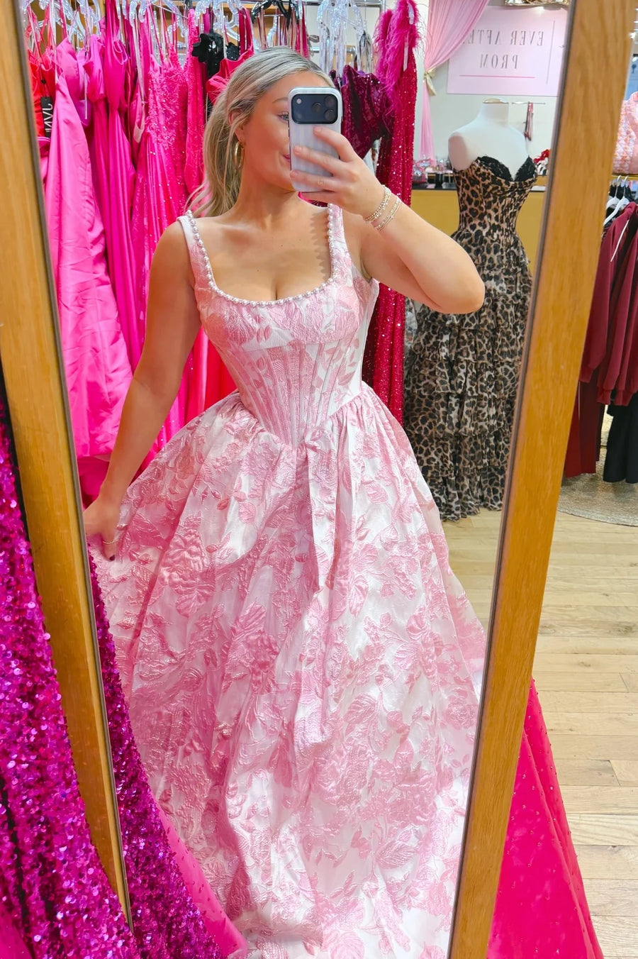 Romantic Straps Pink Jacquard A-Line Long Prom Dress