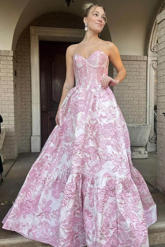 Elegant Strapless Blue Floral Corset Jacquard Prom Dress