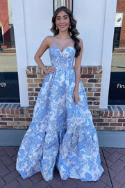 Elegant Strapless Blue Floral Corset Jacquard Prom Dress