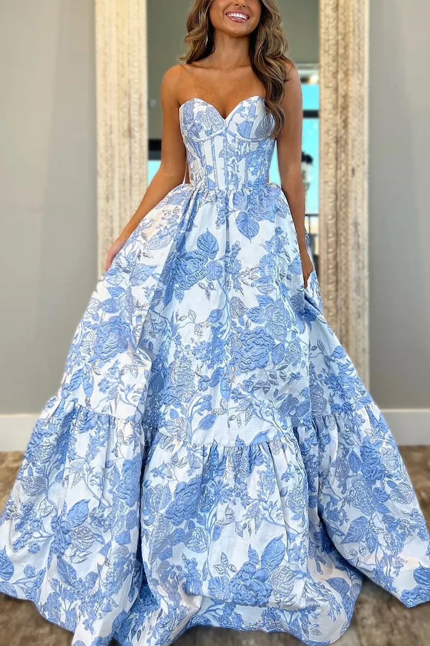 Elegant Strapless Blue Floral Corset Jacquard Prom Dress
