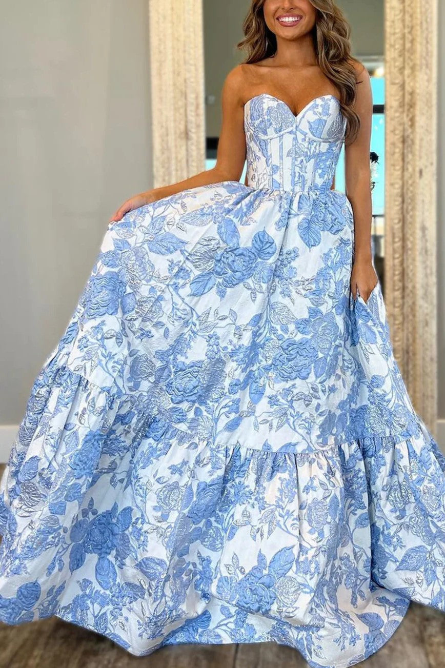 Elegant Strapless Blue Floral Corset Jacquard Prom Dress