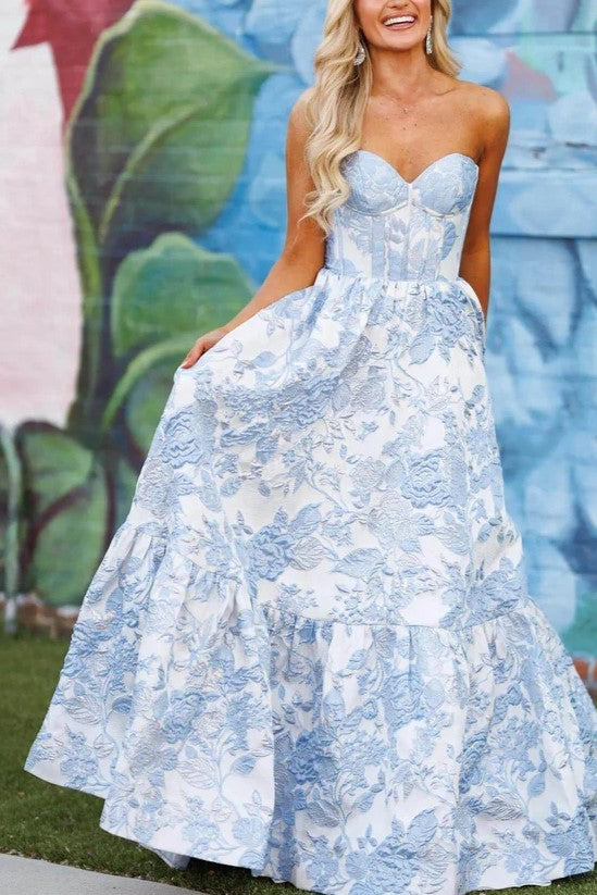 Elegant Strapless Blue Floral Corset Jacquard Prom Dress