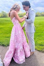 Elegant Strapless Blue Floral Corset Jacquard Prom Dress